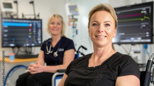 Smiling patient in a wheelchair with nurse in a hospital room. Healthcare, recovery, and medical care concepts.