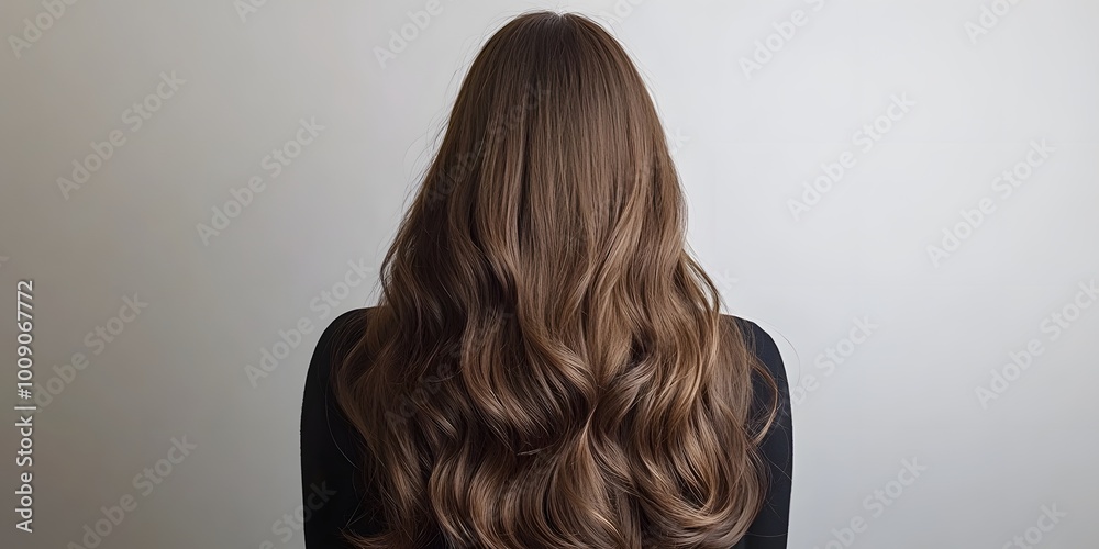 A woman with long wavy brunette hair is captured from behind, showcasing luxurious curls. The soft lighting against a pure white background emphasizes her high-end beauty aesthetic. A woman with long wavy brunette hair is captured from behind, showcasing luxurious curls. The soft lighting against a pure white background emphasizes her high-end beauty aesthetic.