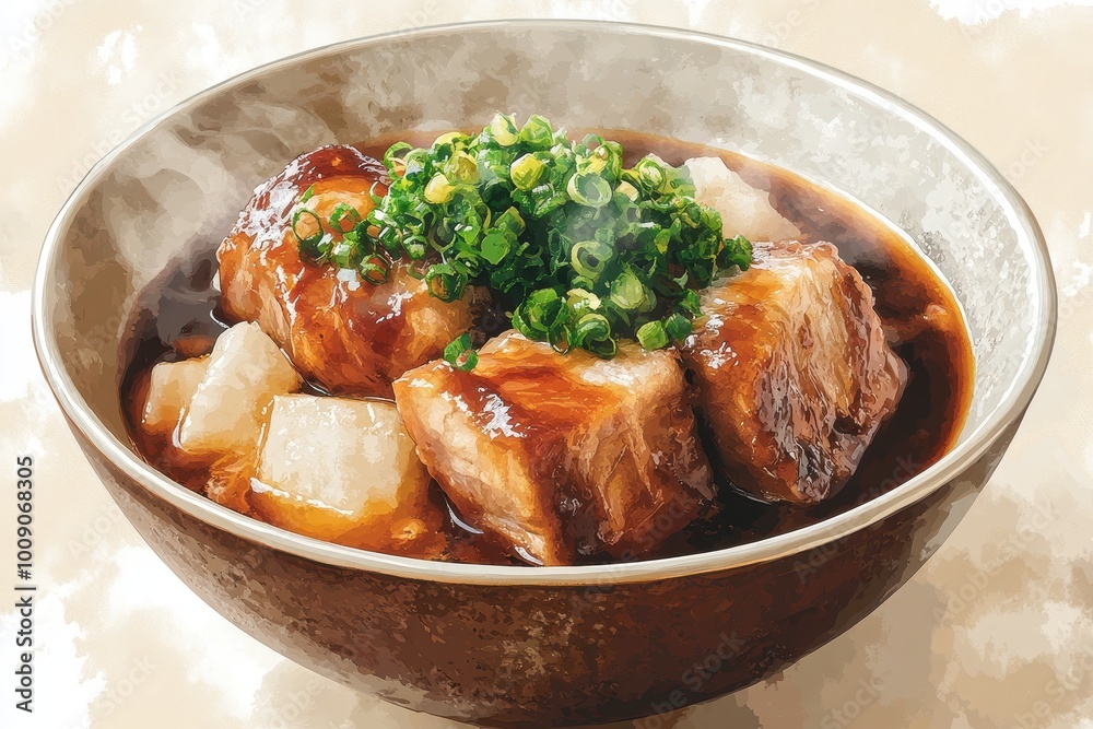 A steaming bowl of flavorful meat with green onions and tofu, showcasing a delightful Asian culinary experience, white background A steaming bowl of flavorful meat with green onions and tofu, showcasing a delightful Asian culinary experience, white background