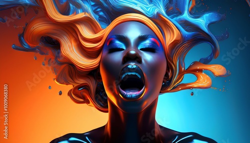 Blue Orange Colors in 3D Flowing Over A Cruelly Screaming black beautiful woman , blue Glowing photo