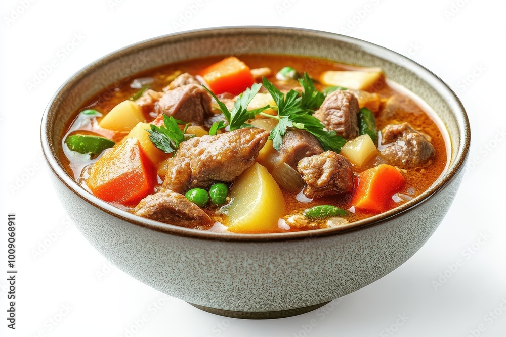 A warm bowl of hearty beef stew filled with colorful vegetables, perfect for a cozy meal any time of the year, white background A warm bowl of hearty beef stew filled with colorful vegetables, perfect for a cozy meal any time of the year, white background