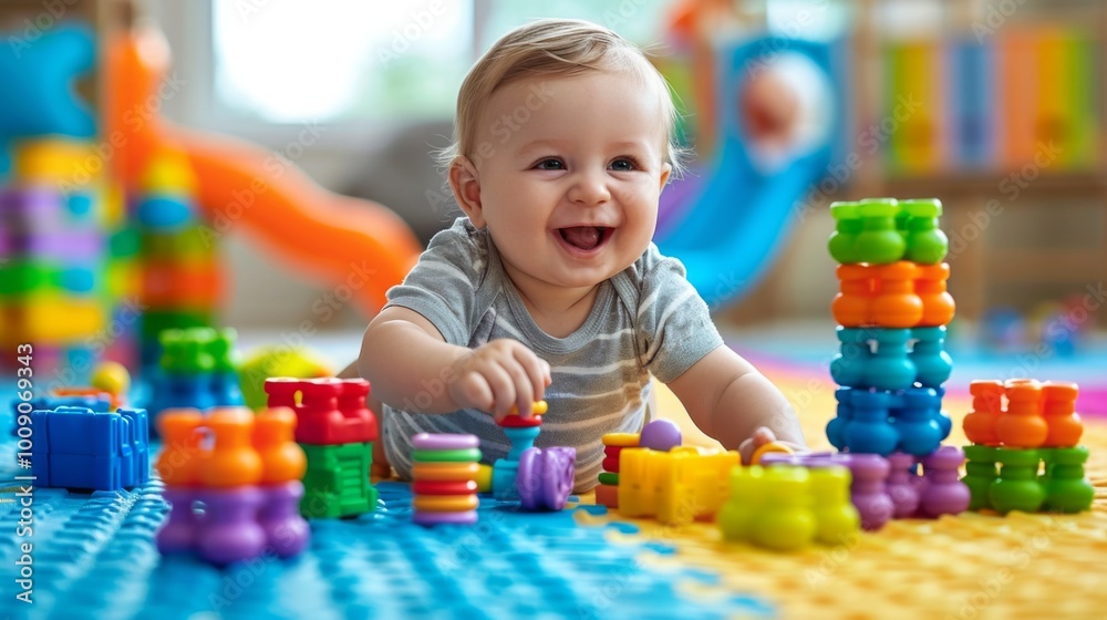 Depict a playful scene of infants of various ethnicities giggling and babbling as they engage in a colorful playtime together. Depict a playful scene of infants of various ethnicities giggling and babbling as they engage in a colorful playtime together.