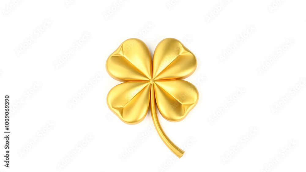 Naklejka premium Metallic 3D image of 3D gold clover leaf on white background. Generative AI