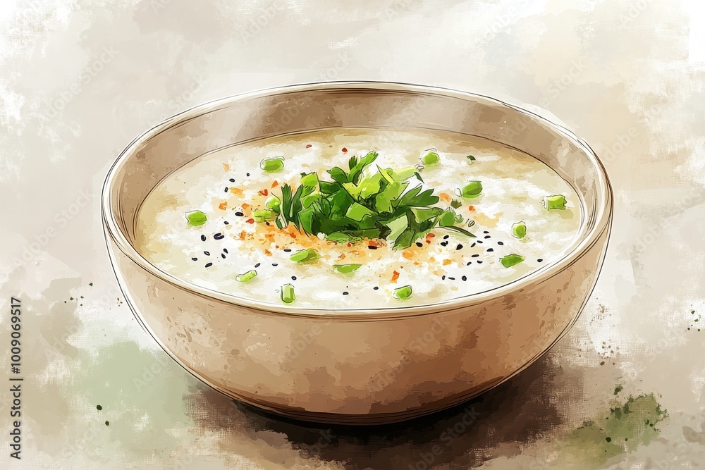 Delicious bowl of creamy soup topped with green herbs and spices, perfect for comfort food and culinary delights, white background Delicious bowl of creamy soup topped with green herbs and spices, perfect for comfort food and culinary delights, white background