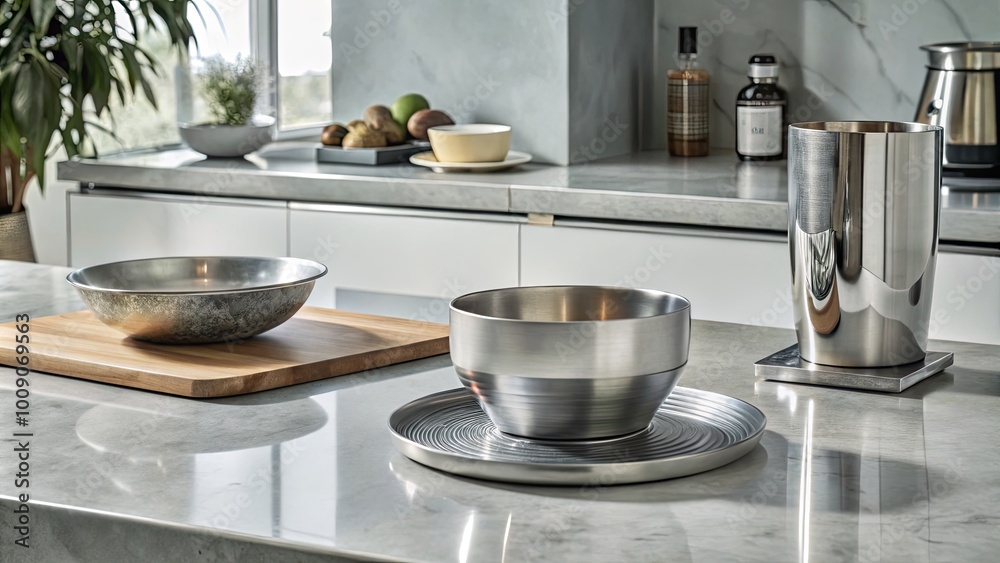 Modern kitchen with shiny silver bowls and utensils. Modern kitchen with shiny silver bowls and utensils.