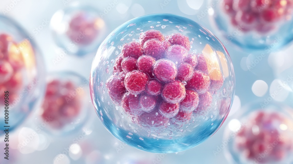 Every cell contains red and pink human cells inside a blue bubble, isolated on a light background. Every cell contains red and pink human cells inside a blue bubble, isolated on a light background.