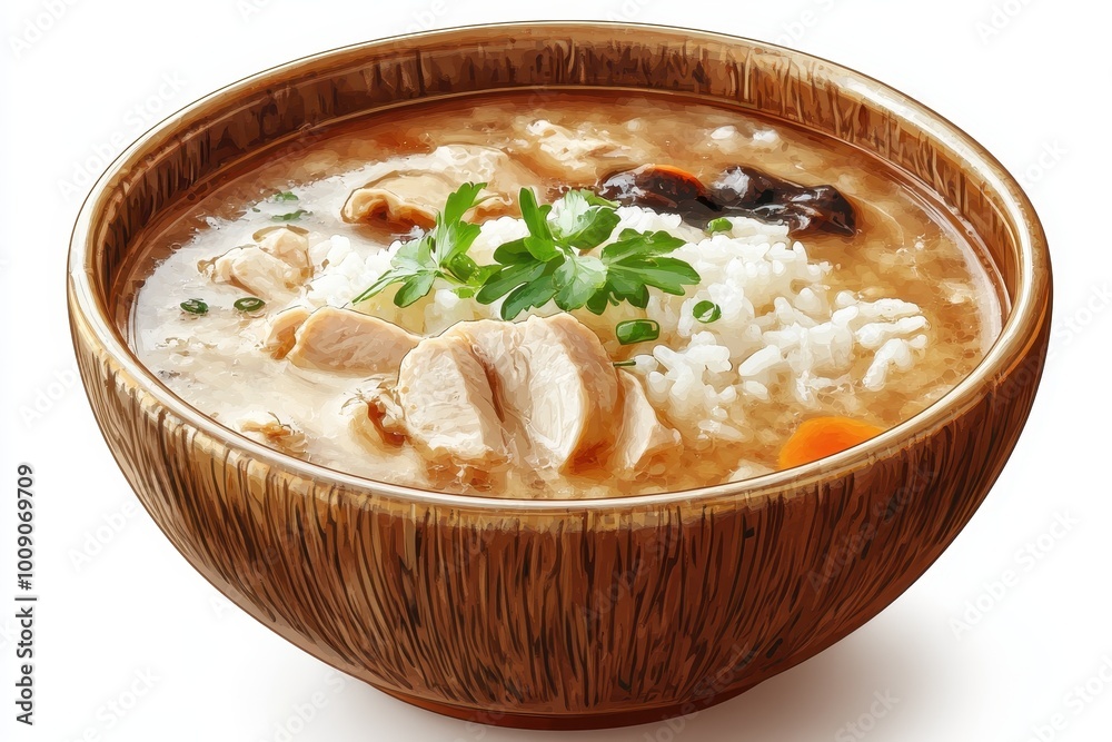 Delicious chicken soup with rice, fresh herbs, and vegetables in a rustic bowl. Perfect for comfort food lovers and food photography, white background Delicious chicken soup with rice, fresh herbs, and vegetables in a rustic bowl. Perfect for comfort food lovers and food photography, white background