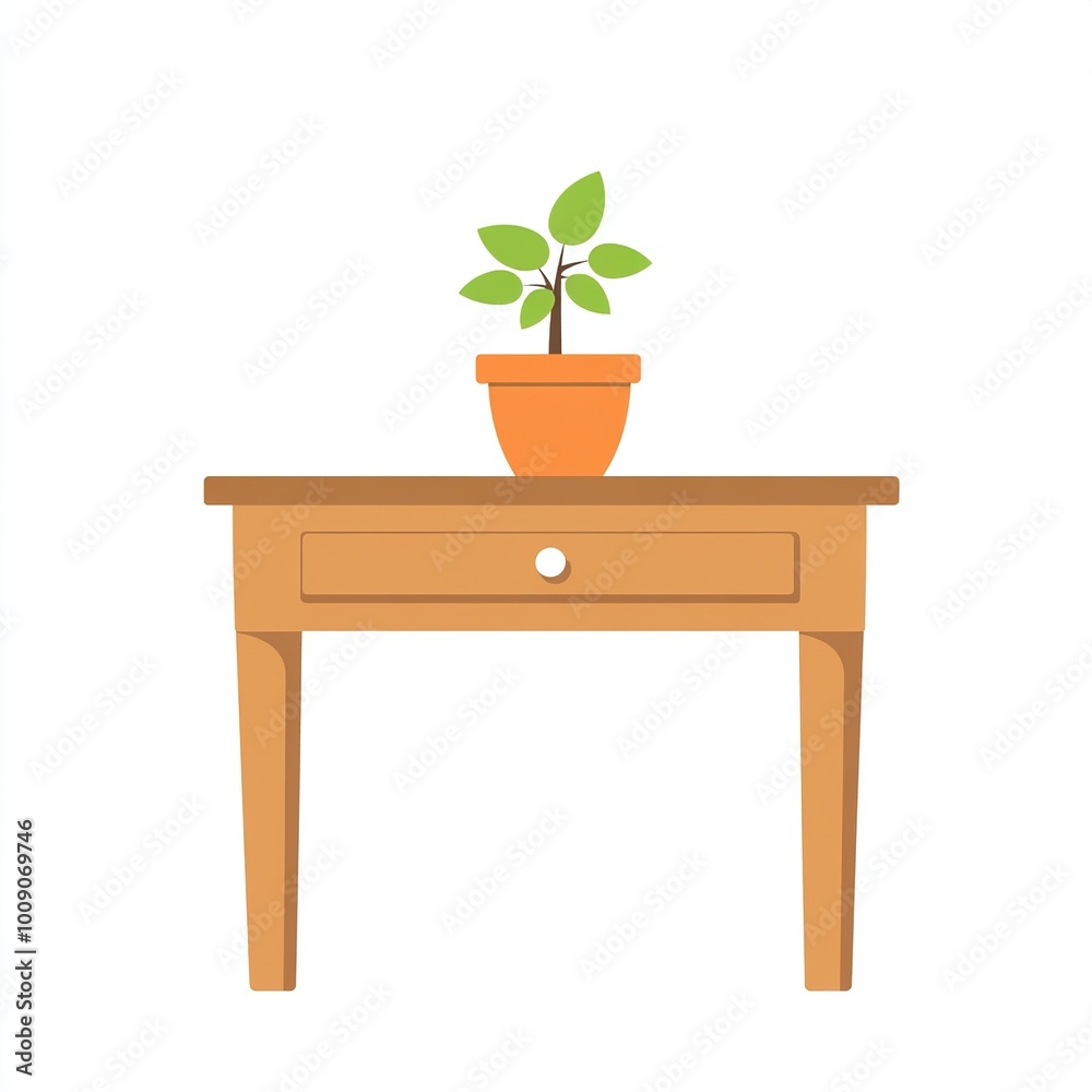Fototapeta premium A wooden table with a potted plant on top, showcasing a simple and modern design.