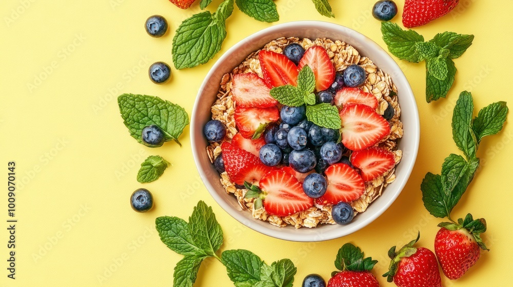 A bowl of oatmeal topped with fresh strawberries and blueberries, surrounded by mint leaves and more berries on a yellow background. A bowl of oatmeal topped with fresh strawberries and blueberries, surrounded by mint leaves and more berries on a yellow background.