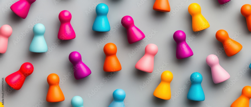 Colorful game pieces arranged in a playful pattern. Ideal for concepts of gaming, strategy, and teamwork. Colorful game pieces arranged in a playful pattern. Ideal for concepts of gaming, strategy, and teamwork.