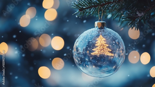 Merry Christmas and Happy New Year. Glass Christmas ornament ball with miniature snow and trees inside, Xmas lights background