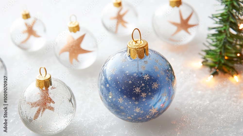 Fototapeta premium Merry Christmas and Happy New Year. Glass Christmas ornament ball with miniature snow and trees inside, Xmas lights background