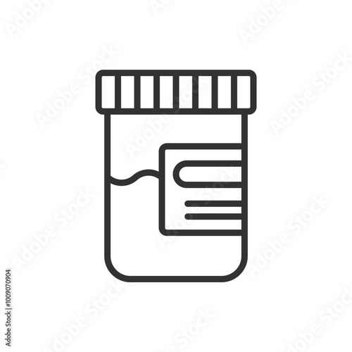 Urine sample, in line design. Medical testing, laboratory analysis, urine test, health checkup, diagnostic sample, specimen cup on white background vector. Urine sample editable stroke icon