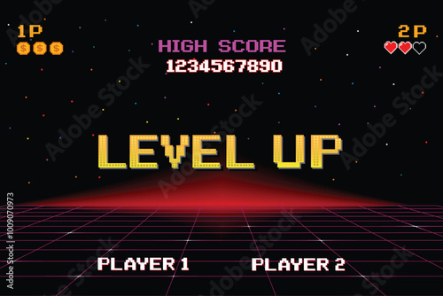 LEVEL UP. press start button. pixel art .8 bit game. retro game. for game assets .Retro Futurism Sci-Fi Background. glowing neon grid. and stars from vintage arcade computer games