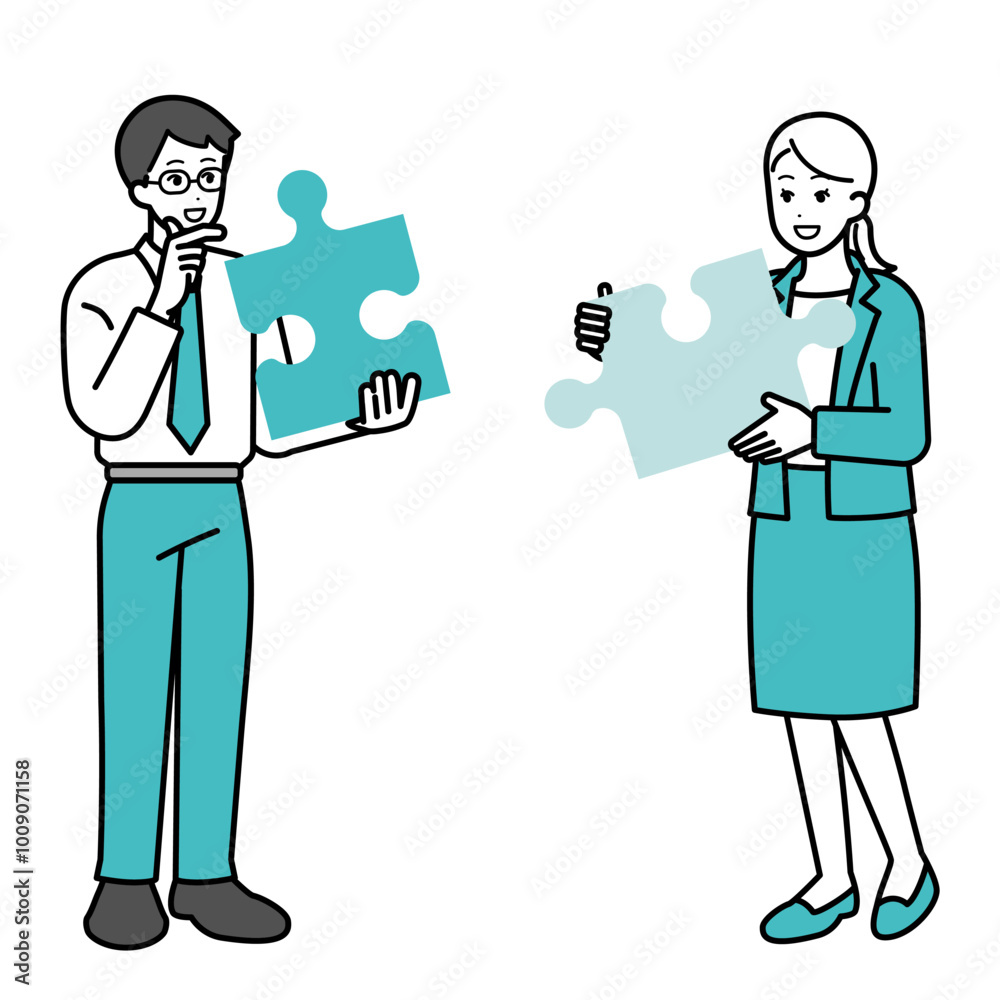 Illustration of business person with puzzle, full body.