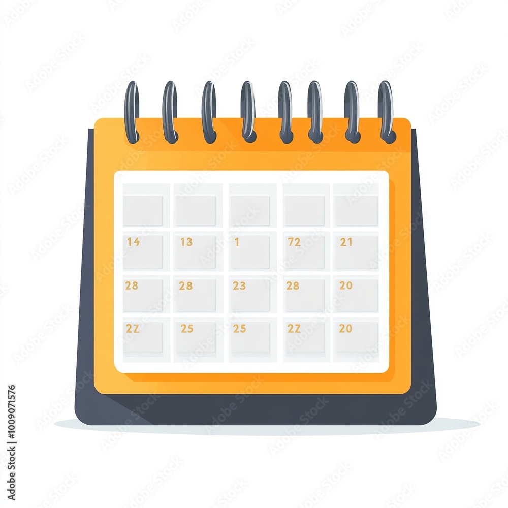 A colorful desk calendar with a spiral binding, displaying a grid for dates. A colorful desk calendar with a spiral binding, displaying a grid for dates.