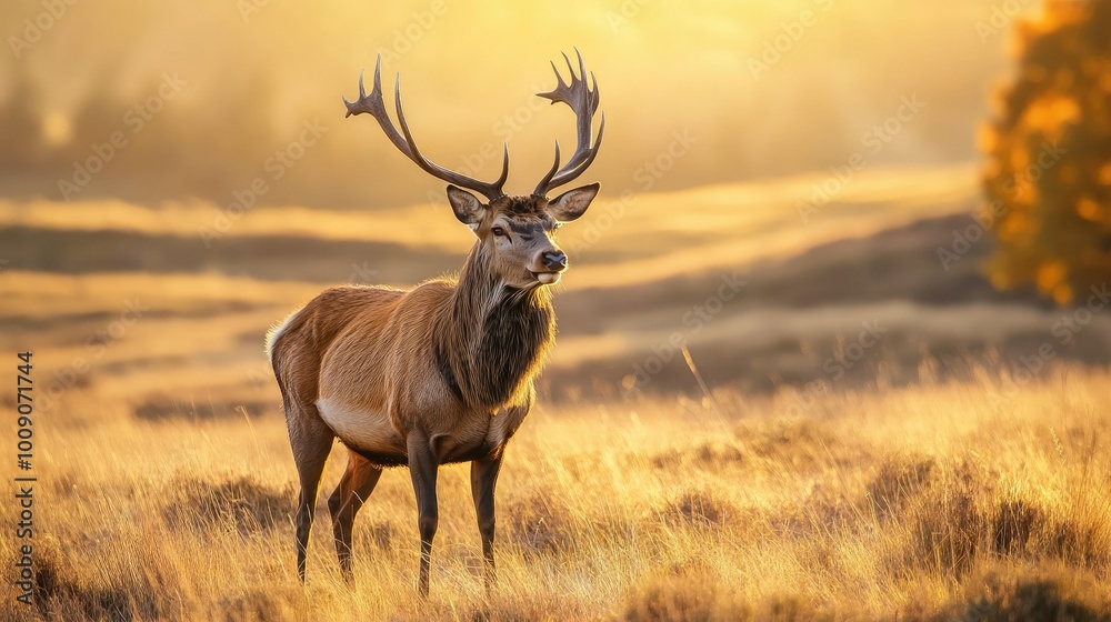 A solitary red deer standing proudly in an open grassland, surrounded by golden light from the setting sun and soft rolling hills in the background. A solitary red deer standing proudly in an open grassland, surrounded by golden light from the setting sun and soft rolling hills in the background.