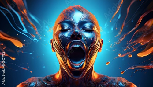 Blue Orange Colors in 3D Flowing Over A Cruelly Screaming black beautiful woman , blue Glowing photo