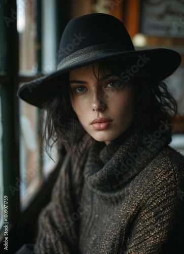 Chic young woman in a cozy sweater and wide-brimmed hat, posing by the window