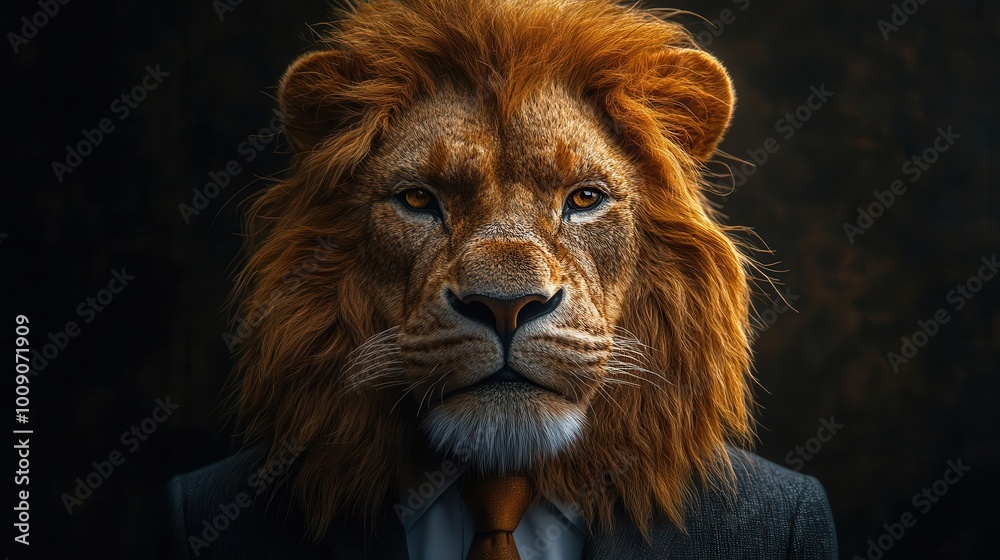 Fototapeta premium majestic lion adorned in a business suit confidently posed against a sleek corporate backdrop embodying the strength and authority of leadership in a whimsical yet powerful portrayal