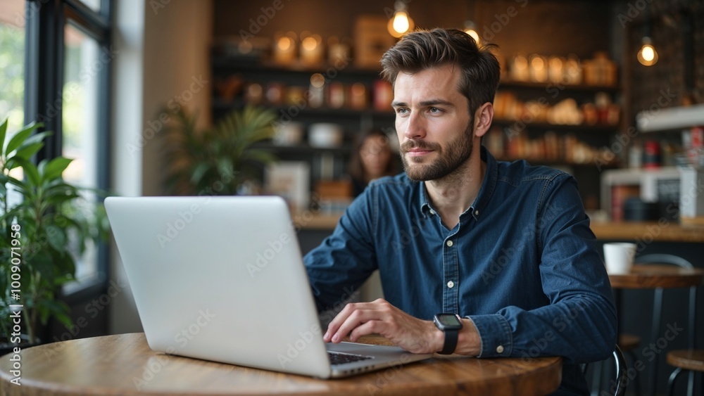 Obraz premium Young man working on a laptop in a cozy cafe, focused and engaged