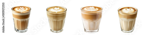 Glass of hot latte with smooth espresso and creamy milk, featuring latte art on top. isolated on transparency background