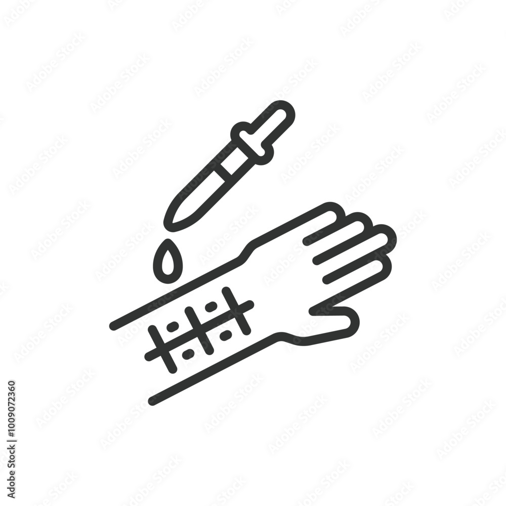 Allergy test, in line design. Allergy, skin prick test, allergy screening, medical test, immune system, allergen on white background vector. Allergy test editable stroke icon Allergy test, in line design. Allergy, skin prick test, allergy screening, medical test, immune system, allergen on white background vector. Allergy test editable stroke icon