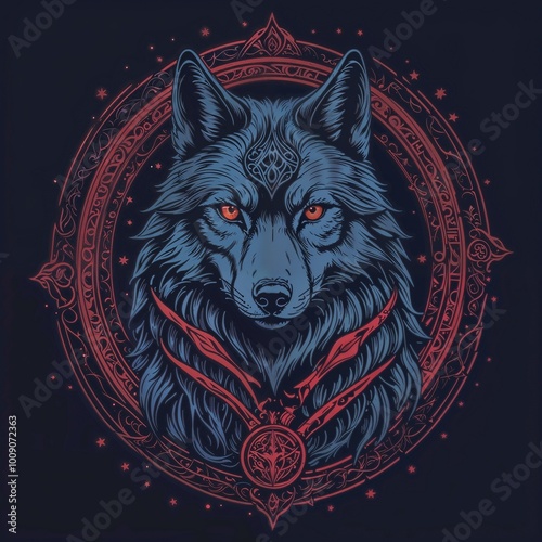 Stylized wolf illustration with mystical elements for t-shirt print design photo