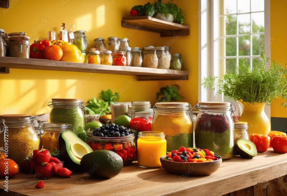 colorful inviting healthy meal prep display set bright cheerful kitchen background enhancing freshness nutrition, food, vibrant, ingredients, bowls colorful inviting healthy meal prep display set bright cheerful kitchen background enhancing freshness nutrition, food, vibrant, ingredients, bowls