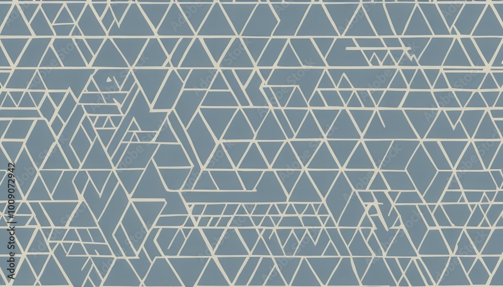 Fototapeta premium A wallpaper designed with interlocking geometric shapes, triangles, hexagons, and squares in a maze-like pattern, featuring muted greys, whites, soft blues, and bright accents.