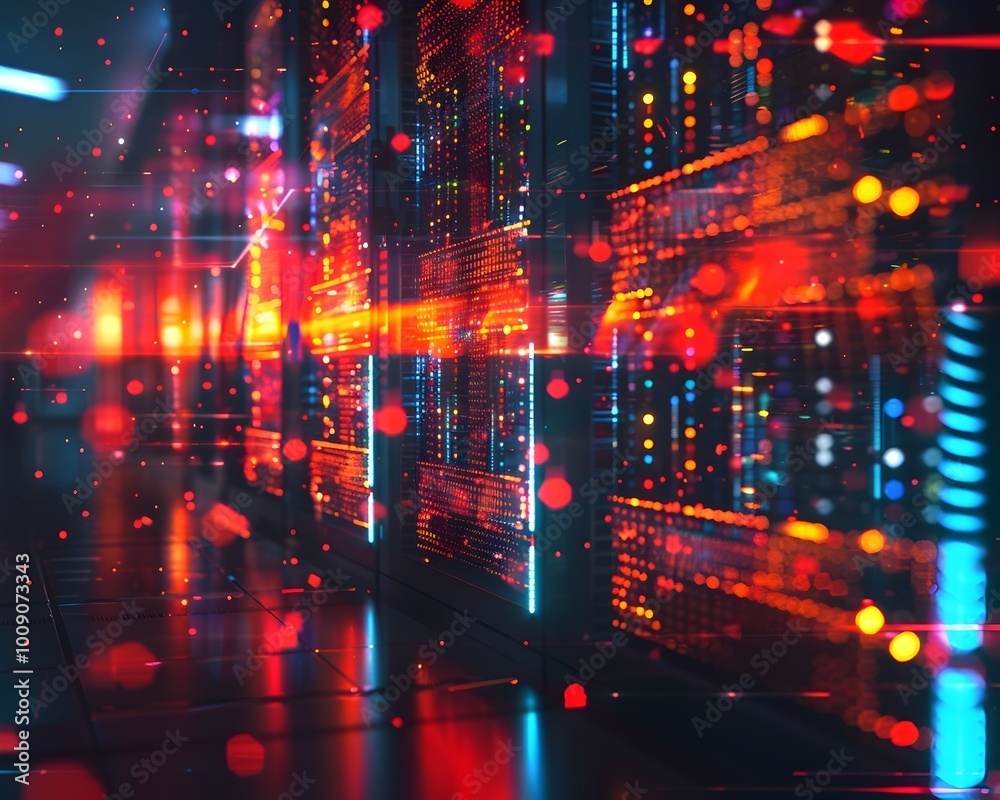 Obraz premium Futuristic Data Center with Glowing Quantum Servers in a Vibrant Neon Lit Network