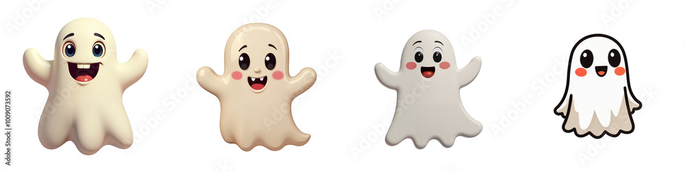 A set of four cute cartoon smiling ghosts. Halloween theme collection isolated with no background A set of four cute cartoon smiling ghosts. Halloween theme collection isolated with no background