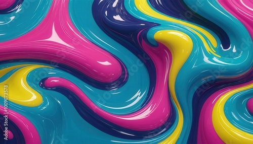 An abstract swirl of vibrant colors like blue, pink, and yellow with a glossy finish, creating a dynamic sense of movement and fluidity, perfect for artistic or decorative use.