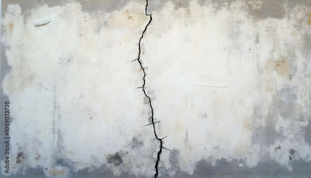 Obraz premium A cracked and weathered concrete wall showcasing visible textures and imperfections, creating a rustic and industrial aesthetic. 