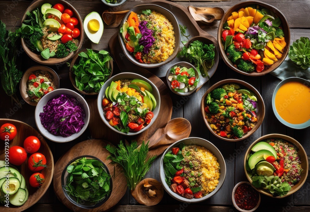colorful meal prep display featuring array diverse vibrant plant based dishes fresh ingredients, avocado, berry, beet, bowl, bright, chickpea, chop colorful meal prep display featuring array diverse vibrant plant based dishes fresh ingredients, avocado, berry, beet, bowl, bright, chickpea, chop