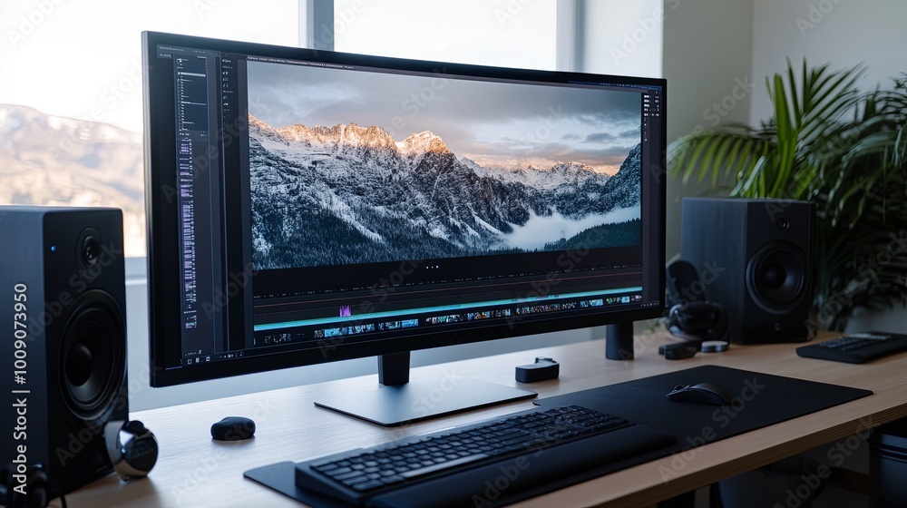 A modern workspace featuring a large monitor displaying a scenic landscape, accompanied by speakers and a keyboard. A modern workspace featuring a large monitor displaying a scenic landscape, accompanied by speakers and a keyboard.