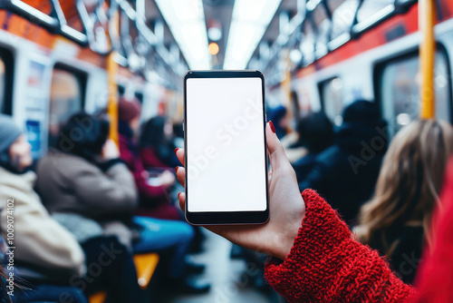 A person holding a smartphone with a blank screen on a subway train, surrounded by fellow passengers in a vibrant urban setting. photo