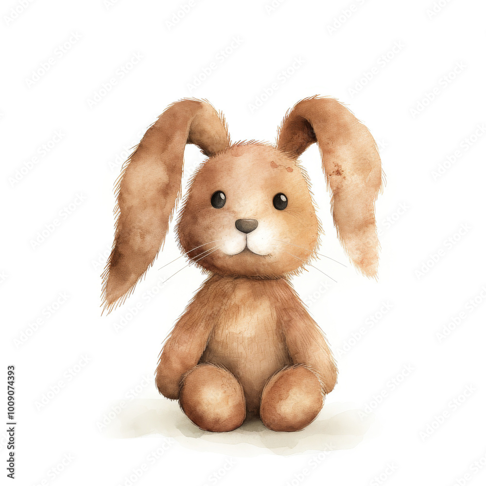 A cute stuffed rabbit on a white background. Digital watercolor of a retro style plush toy isolated on a white background. A cute stuffed rabbit on a white background. Digital watercolor of a retro style plush toy isolated on a white background.