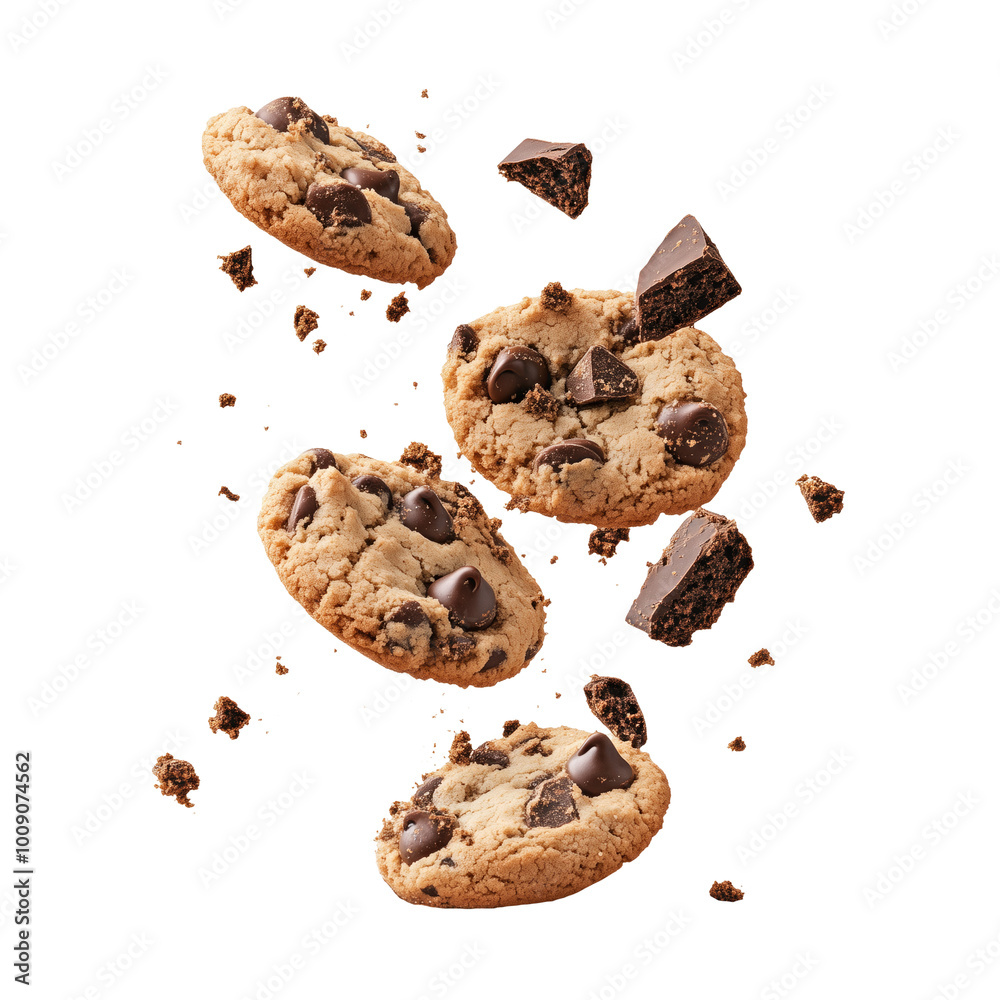 Chocolate chips biscuits flying in the air on a transparent background. 