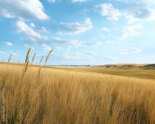 Golden prairie landscape under a bright blue sky with clouds, showcasing tall grass and rolling hills on a sunny day.