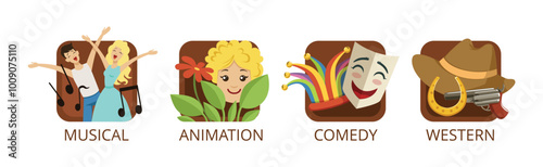Cinema Genre and Entertainment Movie Symbol and Picture Vector Set