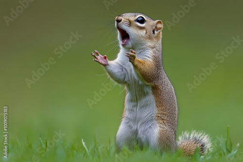 Wallpaper Mural ground squirrel stands on its hind legs, appearing to express excitement or alertness in lush green environment. Its lively posture and open mouth convey sense of curiosity and energy Torontodigital.ca