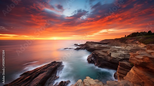 Vibrant sunset over rocky coastline with dramatic skies and tranquil ocean waves near a serene beach