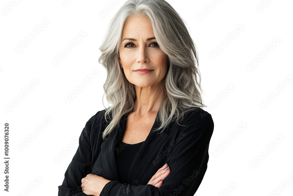 Confident Woman with Grey Hair in a Black Jacket - Portrait Photography Confident Woman with Grey Hair in a Black Jacket - Portrait Photography