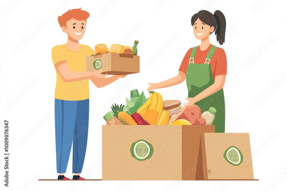 Volunteer with box of food for poor. Donation concept. Many foods in the package - generative ai Volunteer with box of food for poor. Donation concept. Many foods in the package - generative ai