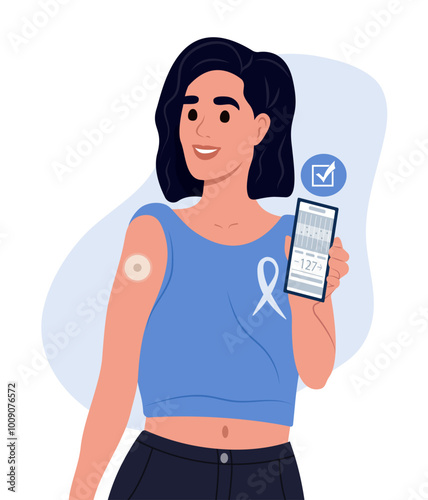 Woman with diabetes checks monitor blood sugar level with glucose sensor and mobile phone. A woman uses a mobile app for diabetics. National diabetes awareness month.