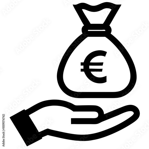 Profit and dividend icon depicting a hand holding a money bag with a euro symbol