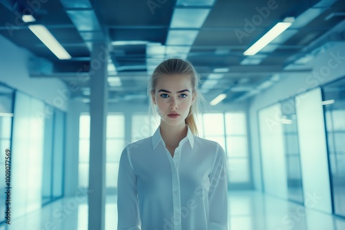 Free Download A confident woman stands poised in a modern, well-lit office setting, embodying professionalism and determination during a busy workday - GFXLoad