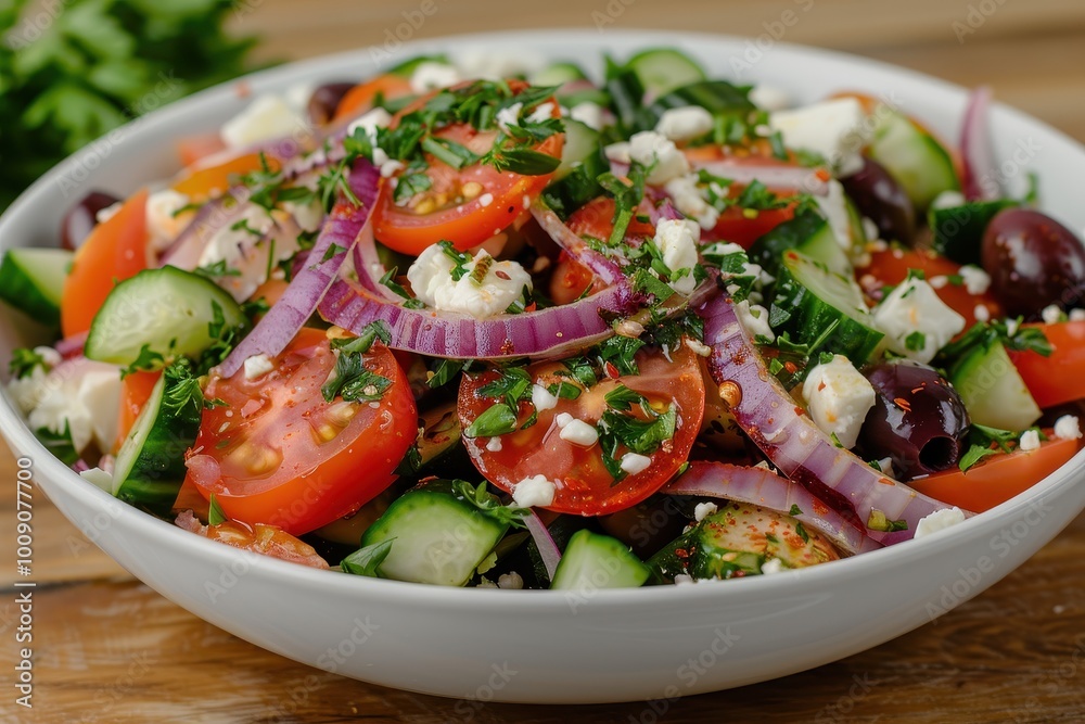 A colorful Greek salad with tomatoes, cucumbers, red onions, Kalamata olives, feta cheese, and a sprinkling of oregano. A colorful Greek salad with tomatoes, cucumbers, red onions, Kalamata olives, feta cheese, and a sprinkling of oregano.