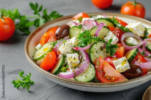 A colorful Greek salad with tomatoes, cucumbers, red onions, Kalamata olives, feta cheese, and a sprinkling of oregano.